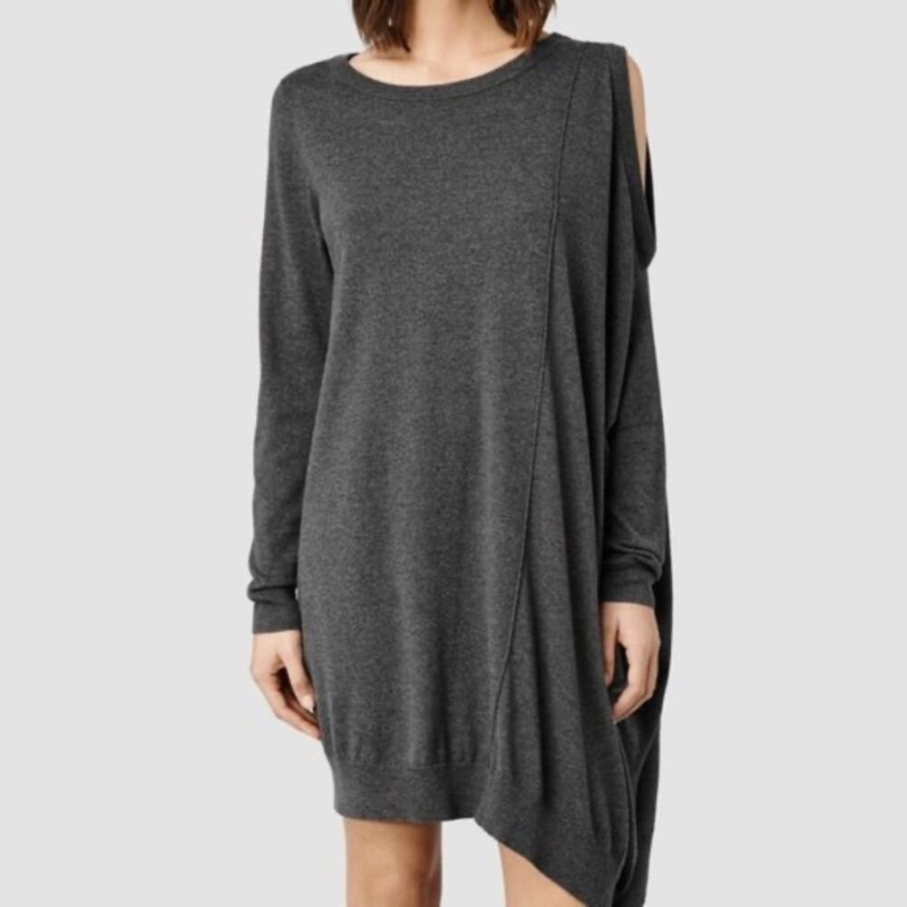AllSaints Roulo Jumper Sweater Dress Dark Gray Asymmetrical Cold Shoulder Tunic